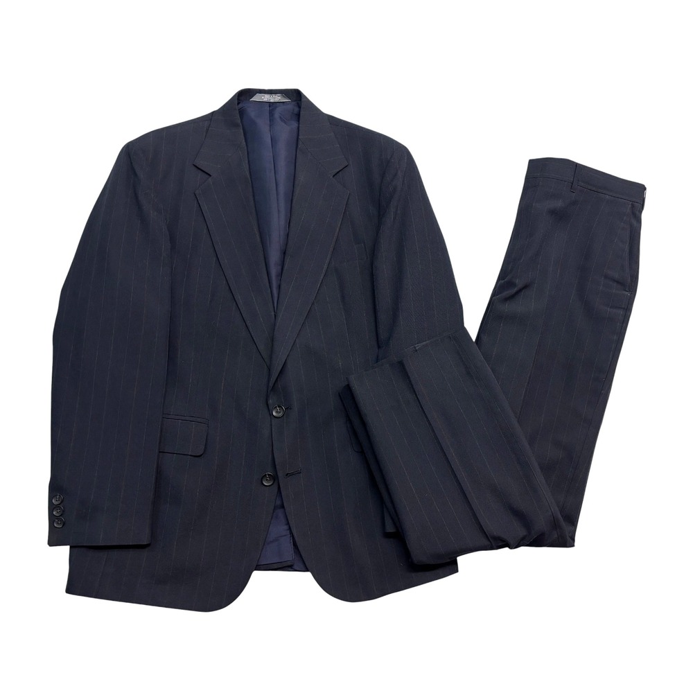 vtg 90s Haggar 40R 34x40 Navy Blue Stripe 2pc Pant Suit Flat Front USA Made